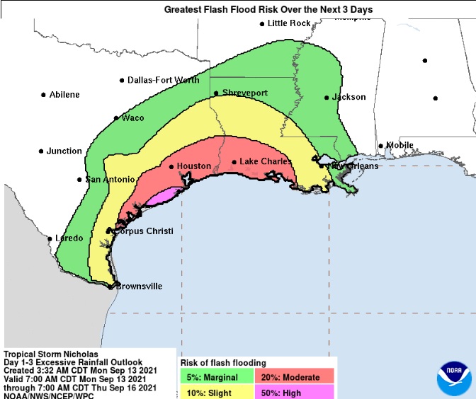 �reas dentro do alerta de inunda��es emitido pelo NHC durante a passagem da tempestade tropical Nicholas. Cr�dito: NHC