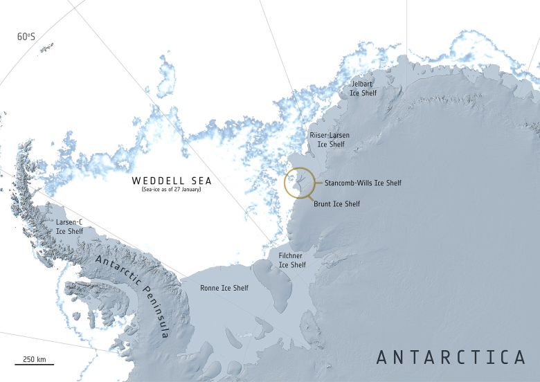 A plataforma de gelo Brunt é banhada pelo mar Weddell, na Antártida. Um grande iceberg está prestes a se romper. Crédito: ESA.  