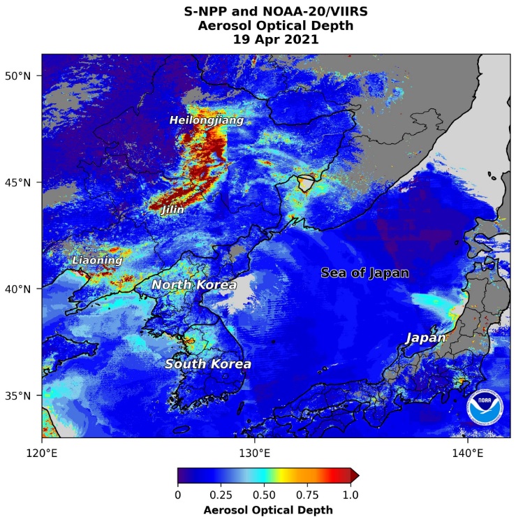 Grande concentra��o de aerossol � observada pr�ximo a Heilongjiang onde acontecem os inc�ndios em planta��es. Cr�dito: Sat�lite Suomi-NPP, NOAA/NASA.