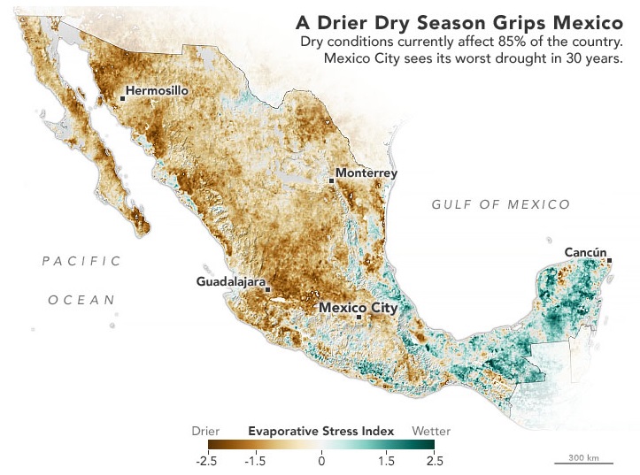 Mapa indica o estresse h�drico que se agrava em muitas �reas do M�xico. A seca j� atinge 85% do pa�s. Cr�dito: NOAA/NASA