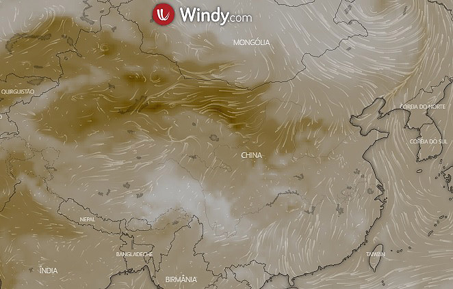 Modelo mostra massa de poeira sobre o norte da China nesta segunda-feira. A tempestade de areia aconteceu no Deserto de Gobi, na Mong�lia e foi levada pelos ventos em dire��o ao sul. Cr�dito: Windy/NASA