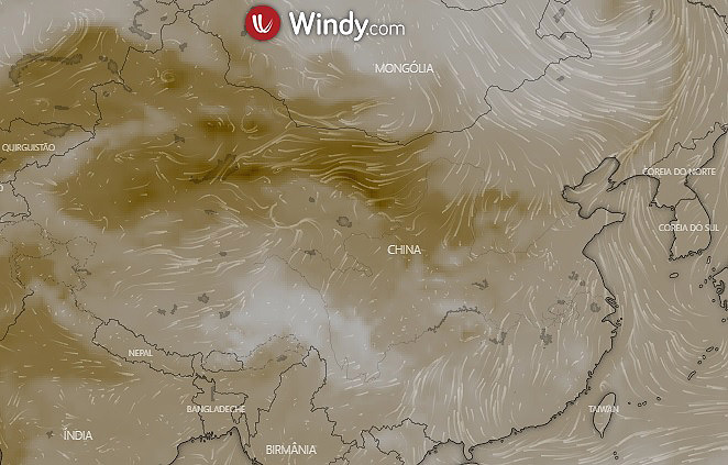 Modelo mostra massa de poeira sobre o norte da China nesta segunda-feira. A tempestade de areia aconteceu no Deserto de Gobi, na Mongólia e foi levada pelos ventos em direção ao sul. Crédito: Windy/NASA