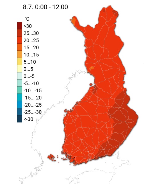 Temperaturas m�ximas previstas para a quinta-feira, dia 8 de julho. Todo o pa�s pode ter m�ximas de pelo menos 25�C e nas �reas mais escuras chegar a 30�C. Cr�dito: Instituto de Meteorologia da Finl�ndia