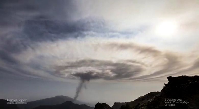 A imagem revela a interação da pluma eruptiva do Cumbre Vieja com a inversão de temperatura observada acima de 5300 quilômetros de altitude. O vulcão emite pulsos de diferentes intensidades que causam essas ondas de nuvens. Crédito: Imagem divulgada pela AEMET.