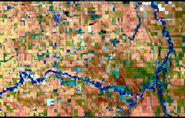 Imagem de satélite da região de Gretna, em Manitoba, no Canadá, adquirida pela missão Copernicus Sentinel-2 no dia 4 de junho. Crédito: União Europeia, Copernicus Sentinel-2.  
