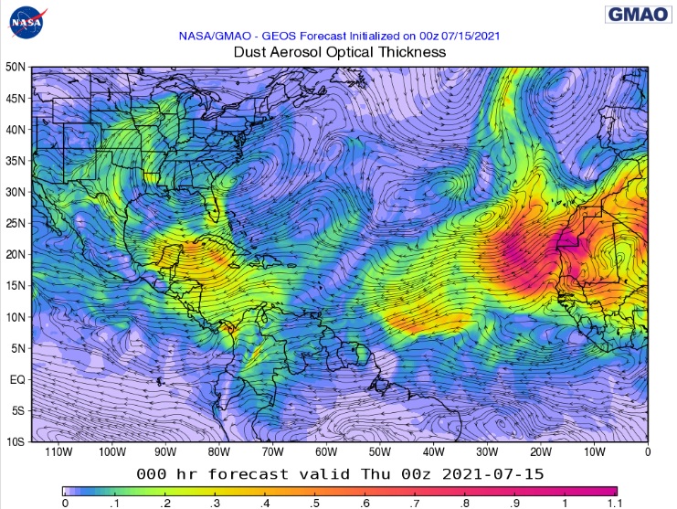 Modelo de previs�o mostra a presen�a de poeira no Texas no dia 15, em quantidade menor na compara��o com o in�cio da semana. Cr�dito: NASA 