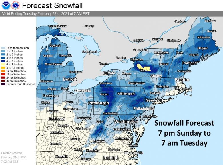 O Servi�o de Meteorologia Nacional prev� mais neve em parte do do leste dos EUA. Cr�dito: NWS 
