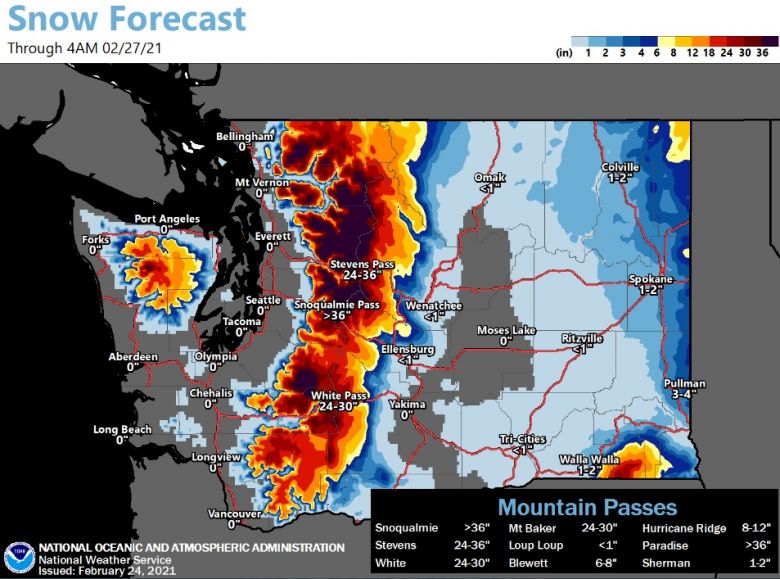 Avisos de novas tempestades de neve foram emitidos e deixam Washington e Oregon em alerta nos pr�ximos dias. Cr�dito: NWS/NOAA 