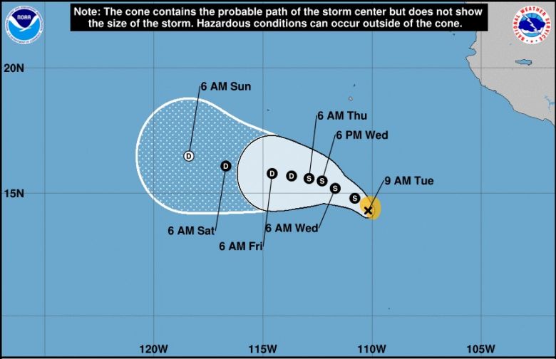 Projeção para a tempestade tropical Blanca nos próximos dias. Crédito: NHC