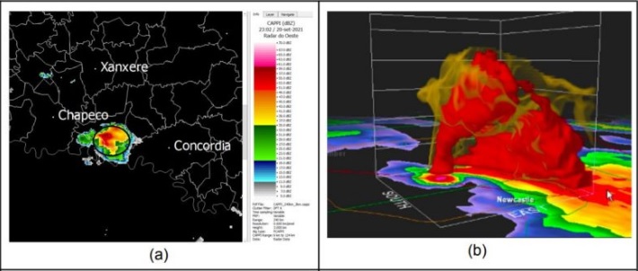 Imagens obtidas por radar meteorol�gico durante a tempestade sobre a regi�o de Seara na segunda-feira indicam a grande chance da forma��o de um tornado. Cr�dito: Divulga��o Defesa Civil