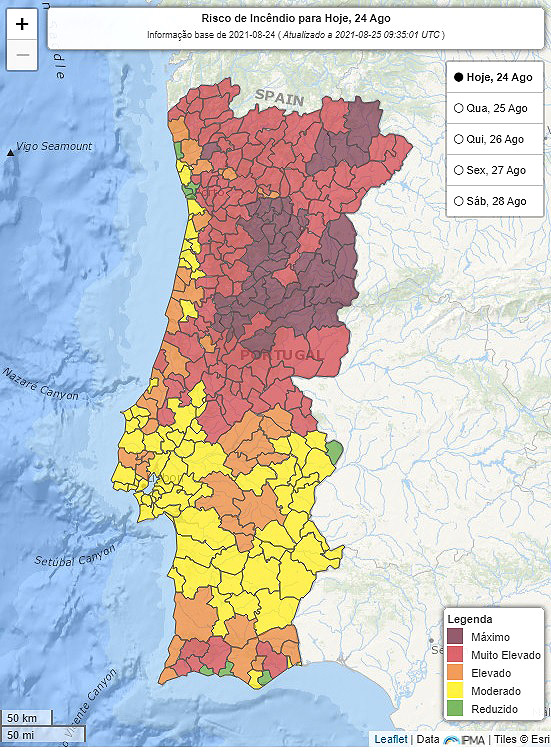Mapa mostra as áreas atuais com maior risco de fogo em Portugal. Crédito: IPMA 