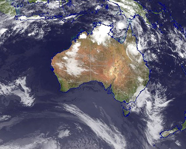 Imagem de satélite da Austrália na manhã desta segunda-feira. Crédito: Bureau of Meteorology. 