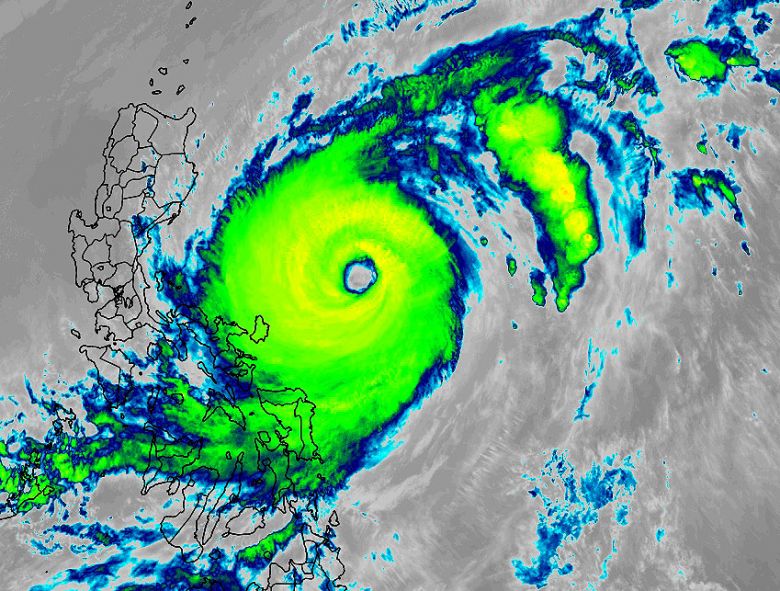 Imagem de sat�lite mostra o monstruoso super tuf�o Surigae ao largo das Filipinas. �reas costeiras poder�o ter chuva pesada e mar muito alto. Cr�dito: RAMMB/CIRA