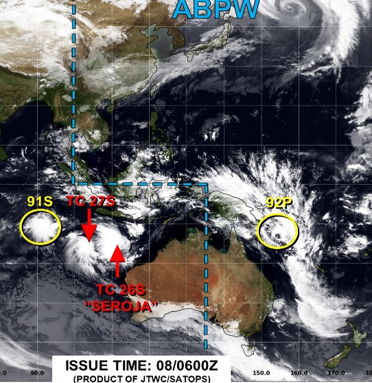 Mapa mostra a posição dos três sistemas que ganham força sobre o Índico, ao largo do noroeste da Austrália. Chuvas fortes e ventos destrutivos estão a caminho. Crédito: JTWC.