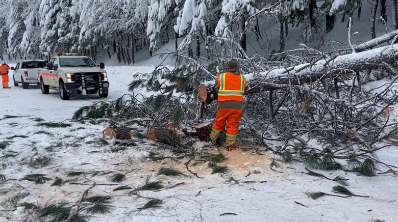 Funcionários da Caltrans trabalham na desobstrução de estradas na Sierra Nevada. Crédito: Divulção @CaltransDist3