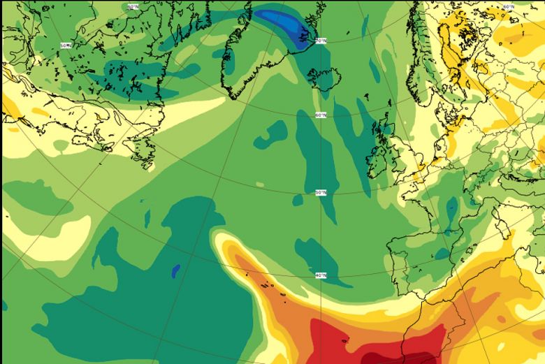 Previs�o da quantidade total de di�xido de enxofre para o dia 3 de novembro. O g�s e as part�culas chegaram a regi�o dos A�ores pela segunda vez desde o come�o da erup��o do Cumbre Vieja em 19 de setembro. Cr�dito: IPMA/ECMWF/Copernicus