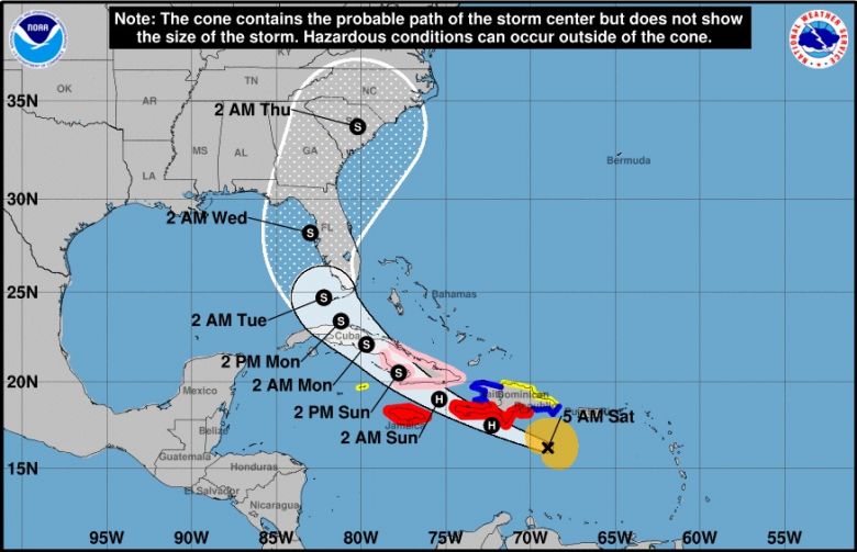 Trajeto estimado para o furacão Elsa nos próximos dias. Crédito: NHC