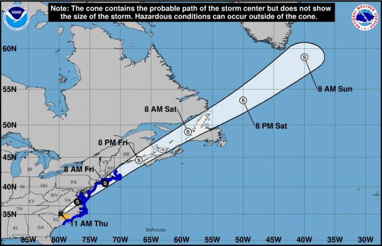 Trajeto estimado para a tempestade tropical Elsa nos próximos dias. Crédito: NHC 