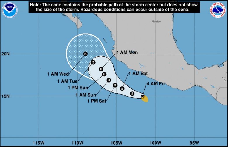 Trajeto previsto para Enrique nos próximos dias. O furacão deve se formar no domingo, dia 27. Crédito: NHC 