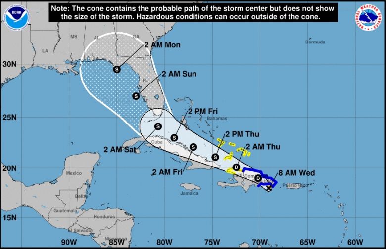 Trajetória estimada para a tempestade tropical Fred nos próximos dias. Crédito: NHC