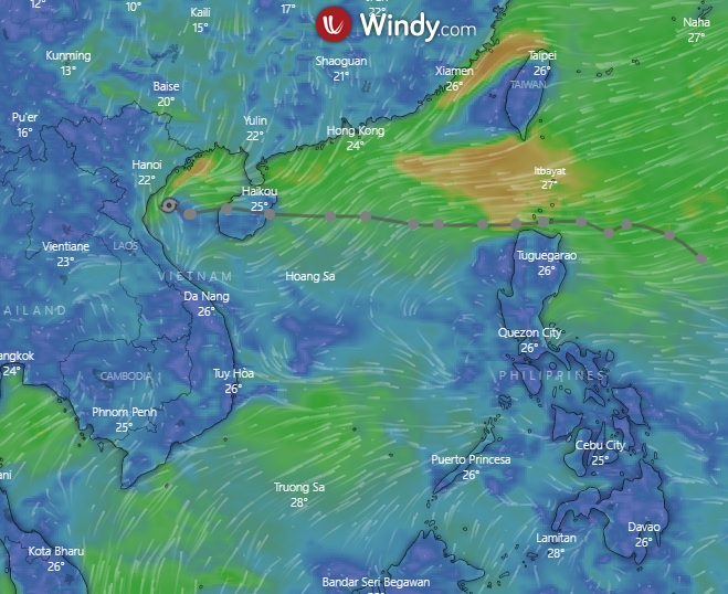 Trajeto feito pela tormenta Kompasu nos �ltimos dias. O fen�meno atua enfraquecido pr�ximo � Hannoi, na China nesta quinta-feira, dia 15. Cr�dito da imagem: WINDY