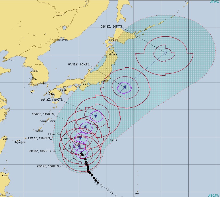 Trajeto e estimativa de ventos previstos para Mindulle nos pr�ximos dias. Cr�dito: JTWC