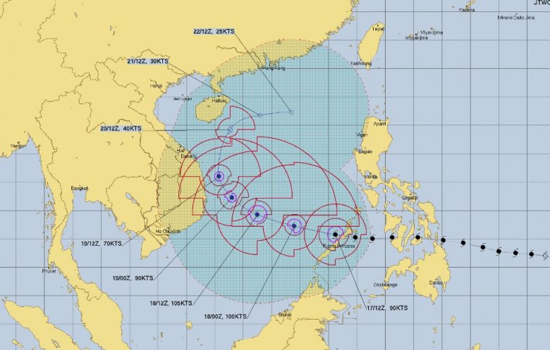 Trajeto e ventos estimados para Rai nos próximos dias. Crédito: JTWC