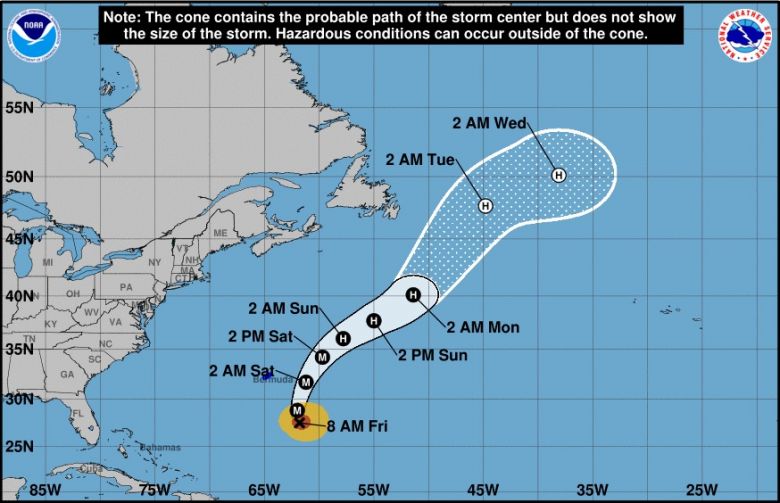 Trajetória prevista para o furacão Sam nos próximos dias. Crédito: NHC