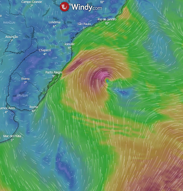 Mapa mostra a circulação dos ventos de Raoni que influencia áreas oceânicas e costeiras em parte do Sul e do Sudeste do Brasil. Crédito: WINDY
