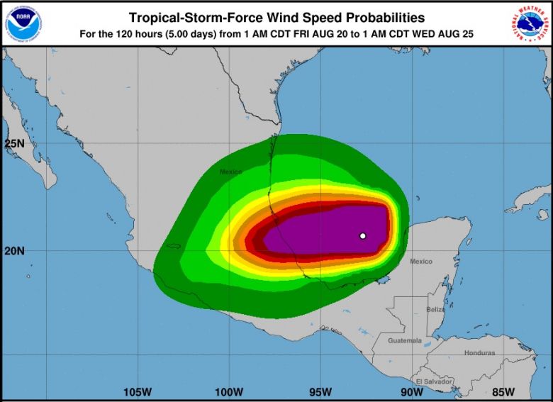 Mapa indica as áreas que serão impcatadas pelos ventos do furacão Grace, assim como a intensidade das rajadas de vento. Crédito: NHC