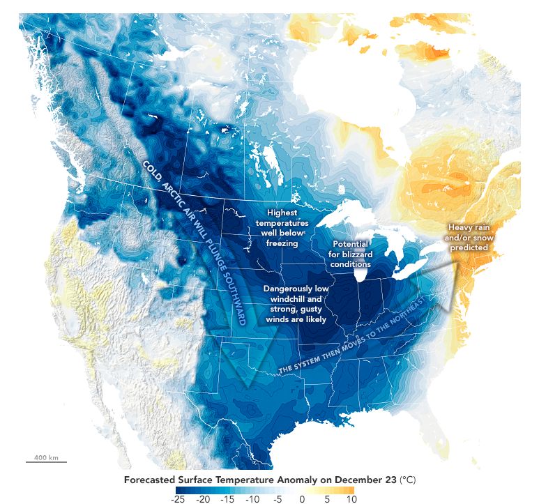 Mapa mostra anomalias provocadas pela grande tempestade de inverno histrica neste Natal nos Estados Unidos. Crdito: Modelo Global GEOS/Nasa   