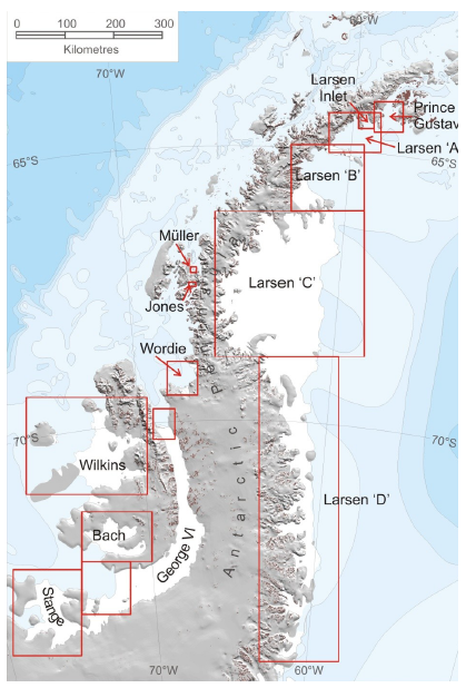 Ilustração da divisão de plataformas  Larsen, na Península Antártica. Crédito: A.J Cook and D. G. Vaughan/Wikipedia  