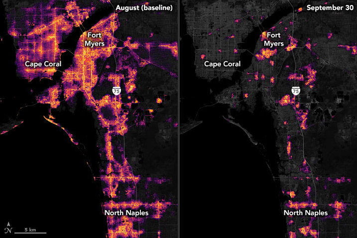 Imagens noturnas comparativas do sudoeste da Flrida mostram o antes e depois de  reas afetadas pela queda de energia eltrica aps a chegada de Ian. Crdito: earthobservatory Nasa