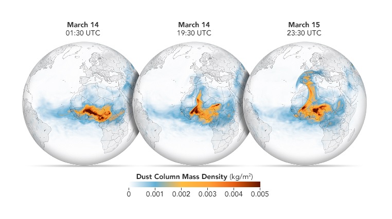 Gr�ficos elaborados baseados em modelos da NASA mostram a concentra��o de poeira sobre a �frica no dia 14 de mar�o e na sequ�ncia chegando � Espanha no dia 15 de mar�o de 2022. Cr�dito: NASA