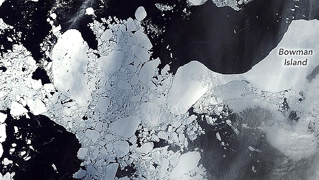 Imagem de satélite do dia 23 de março mostra a plataforma flutuante das geleiras Glenzer e Conger, na Antártida Oriental, totalmente despedaçada. Crédito: NASA