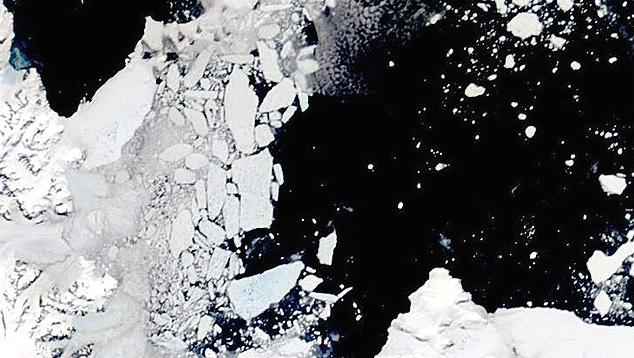 Imagem de satélite mostra detalhes do restante da baía da Plataforma Larsen B, na Antártica, no dia 26 de janeiro. O gelo se despedaçou em inúmeros blocos. Crédito: NASA