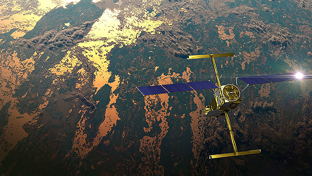 Ilustra��o mostra o sat�lite SWOT em �rbita com a luz do sol refletindo no conjunto de pain�is solares e as duas antenas de instrumentos KaRIn instaladas. Cr�dito: CNES