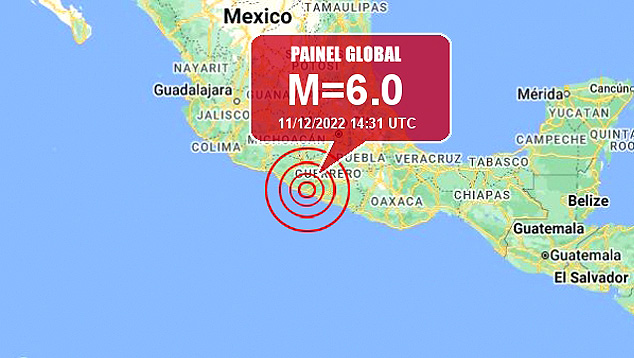Mapa indica epicentro do tremor de magnitude 6.0 ocorrido no estado de Guerrero dia 11 de dezembro. Crdito: PainelGlobal/Google Maps