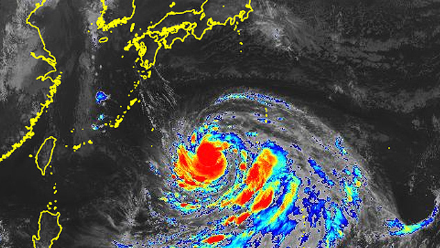 Imagem de satlite mostra o tufo Nanmadol rumo ao sul do Japo dia 15. A rea da tempestade deve atingir todo o arquiplago nos prximos dias. Crdito: Satlite Himawari 8/9