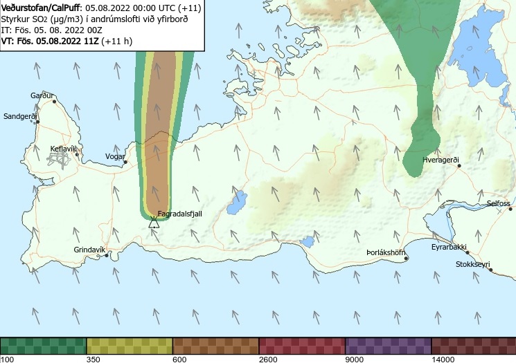 Modelo meteorol�gico indica a distribui��o de enxofre em erup��o vulc�nica na Isl�ndia para esta sexta-feira, dia 5. Cr�dito: Escrit�rio Meteorol�gico da Isl�ndia 