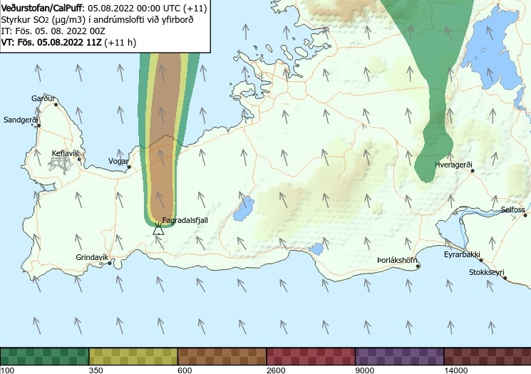 Modelo meteorológico indica a distribuição de enxofre em erupção vulcânica na Islândia para esta sexta-feira, dia 5. Crédito: Escritório Meteorológico da Islândia 