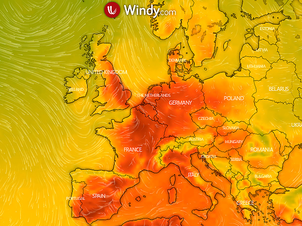 Mapa mostra as reas mais quentes da Europa sob a onda de calor nesta tera-feira. A cor vermelha indica temperaturas superiores a 35C. Crdito: WINDY 