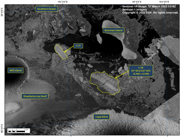 Os icebergs C-37 e C-38 e inúmeros pedaços de gelo são visíveis na imagem do dia 17 de março. Crédito: ESA
