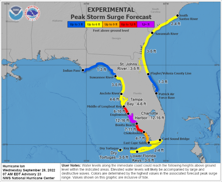 Risco de inunda��es costeiras � alto com a entrada do furac�o Ian sobre a Fl�rida. Cr�dito: NOAA/NHC