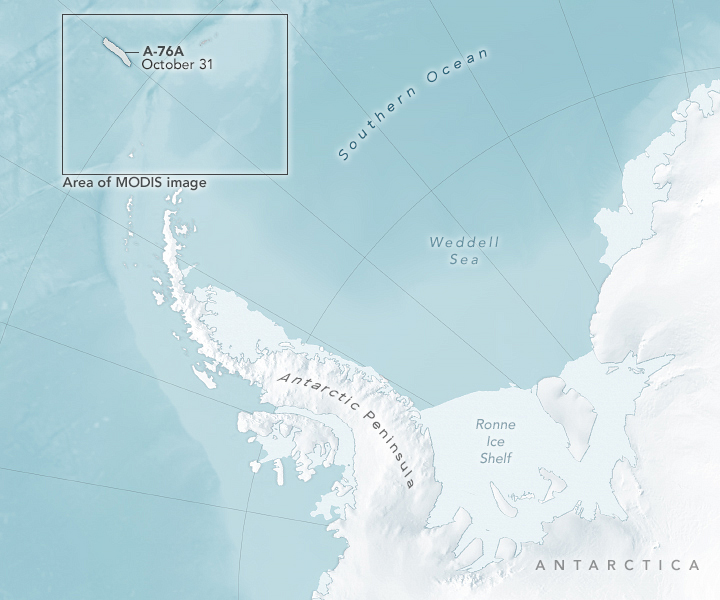 Localizao do iceberg A-76A, depois de ter se rompido do A-76, no Mar de Weddell, h cerca de um ano e quatro meses. Crdito: NASA  