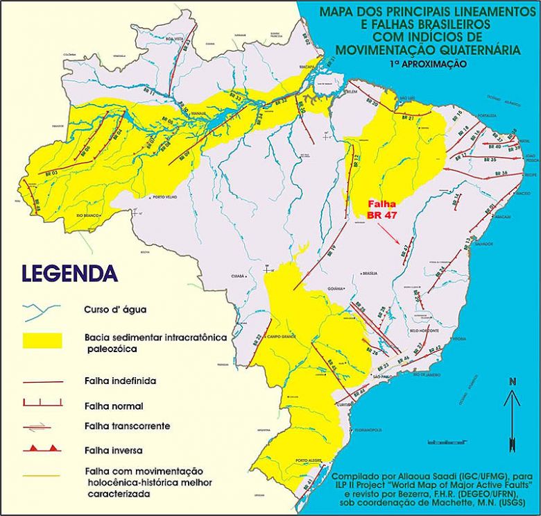 Mapa indica as falhas geolgicas existentes no Brasil. Crdito: IGC/UFMG