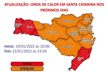 Mapa de alerta para o calor extremo em Santa Catarina. Cr�dito: Divulga��o Defesa Civil estadual.  