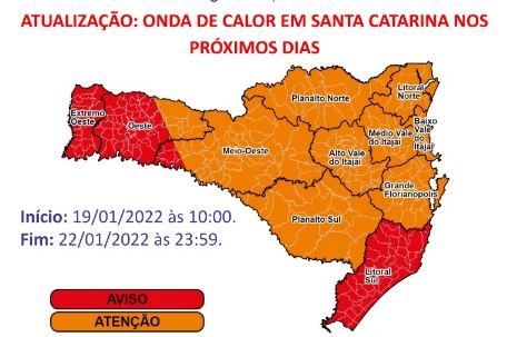 Mapa de alerta para o calor extremo em Santa Catarina. Crédito: Divulgação Defesa Civil estadual.  