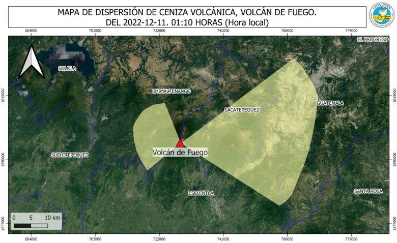 Mapa indica as reas possivelmente afetadas pela queda de cinzas e material fino da erupo do Vulco de Fogo na Guatemala. Crdito: INSIVUMEH  