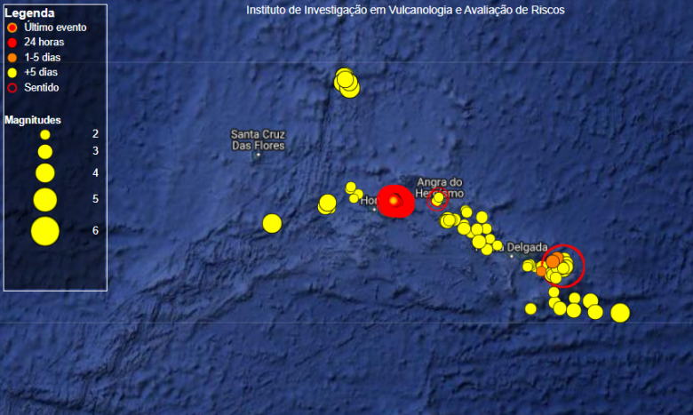 Mapa de parte dos sismos ocorridos na regi�o da Ilha de S�o Jorge divulgado pelo CIVISA dia 28 de mar�o. 